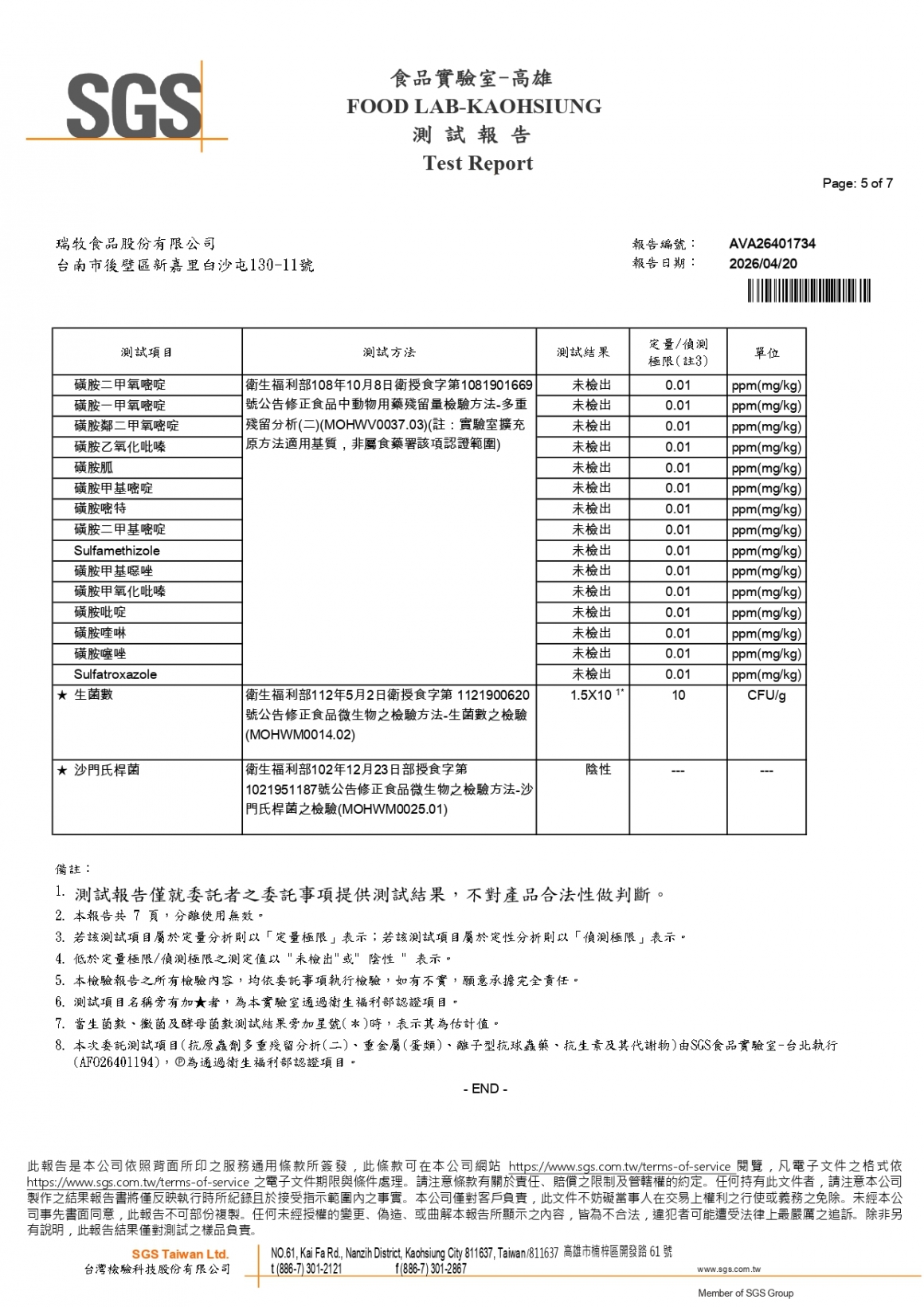 20260408-鵬大畜牧場-(紅蛋)-(生菌數+沙門+抗生素+48項+離子型+抗原蟲+重金屬鉛銅)-SGS_page-0005