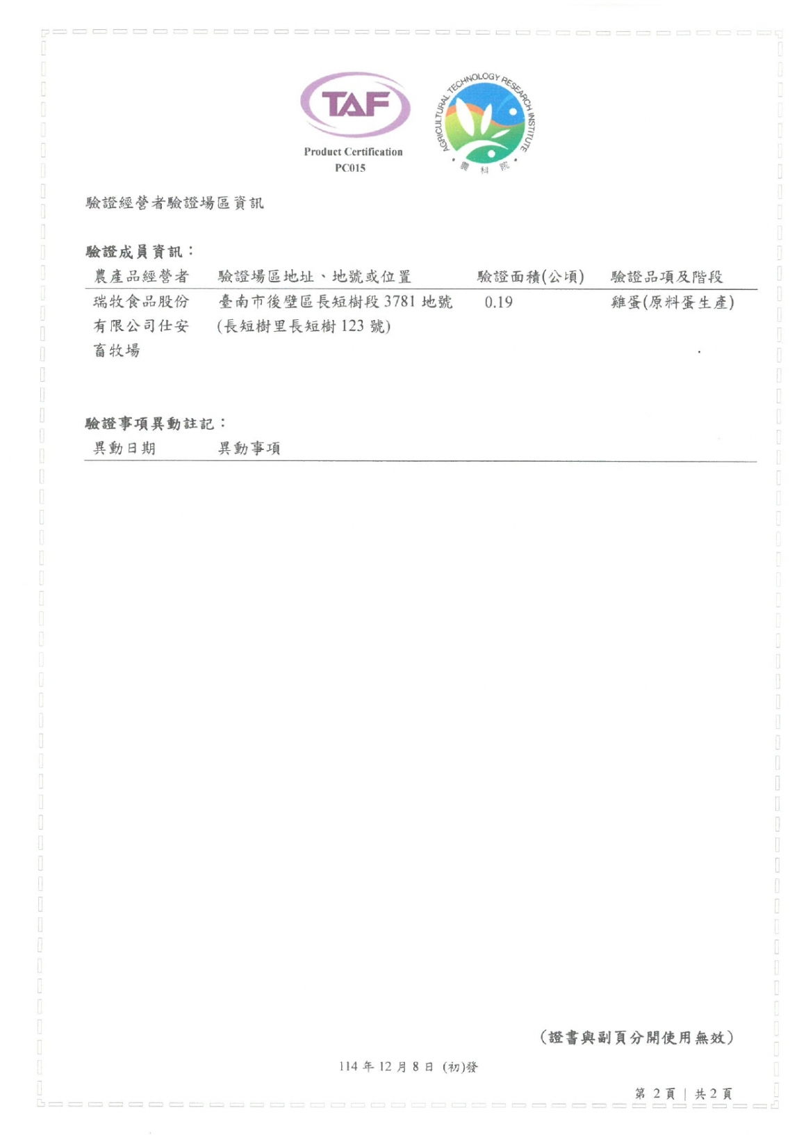 財團法人農業科技研究院-仕安畜牧場產銷履歷驗證證書~117.12.07_page-0002